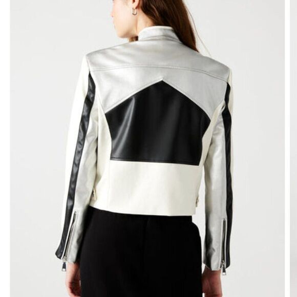 Steve Madden Helayna Faux Leather Silver/cream/black Moto jacket size small - Picture 3 of 12